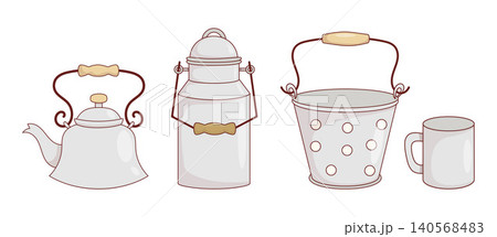 Vintage Metal Kitchenware Set. Retro Tea Kettle, Milk Can, Polka Dot Bucket And Mug. Vector Illustration. Isolated Farmhouse Retro Tableware. 140568483