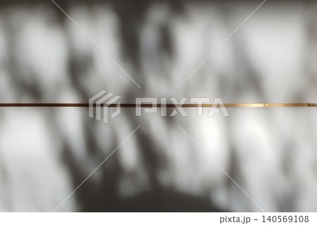 Elegant abstraction with shadows of tree leaves on a white wall, divided by a thin golden line. Minimalist modern design 140569108