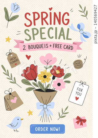 Spring special offer with bouquet and floral doodles Spring special offer with bouquet and floral doodles 140569427