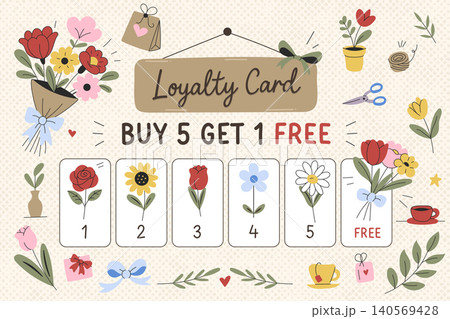 Floral loyalty card with bouquet and reward stamps doodle style Floral loyalty card with bouquet and reward stamps doodle style 140569428