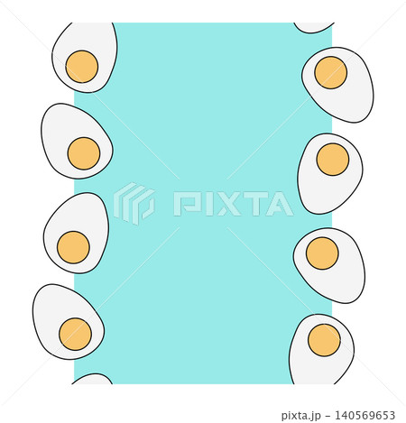 farm boiled half eggs Egg colored Vertical border frame template hand drawn illustration. Vector graphic line art. Chicken or duck egg shape in flat color. for cooking, condiment 140569653