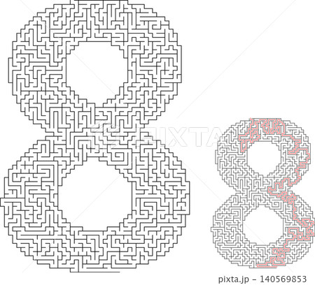 Vector math maze puzzle for kids in the shape of number eight with solution worksheet Vector math maze puzzle for kids in the shape of number eight with solution worksheet 140569853