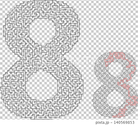 Vector math maze puzzle for kids in the shape of number eight with solution worksheet Vector math maze puzzle for kids in the shape of number eight with solution worksheet 140569853