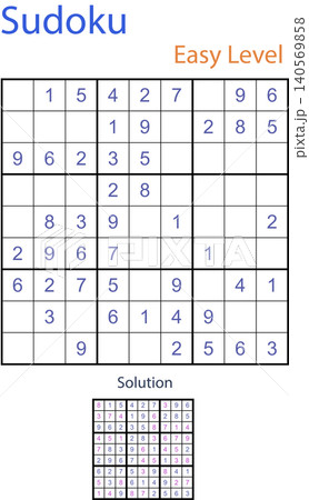 Easy level sudoku logic puzzle game 9x9 grid worksheet with solution vector template Easy level sudoku logic puzzle game 9x9 grid worksheet with solution vector template 140569858