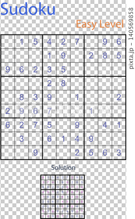 Easy level sudoku logic puzzle game 9x9 grid worksheet with solution vector template Easy level sudoku logic puzzle game 9x9 grid worksheet with solution vector template 140569858