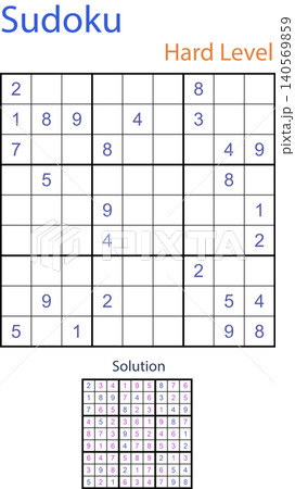 Hard level sudoku math logic puzzle 9x9 grid game worksheet with answer key vector Hard level sudoku math logic puzzle 9x9 grid game worksheet with answer key vector 140569859