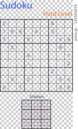 Hard level sudoku math logic puzzle 9x9 grid game worksheet with answer key vector Hard level sudoku math logic puzzle 9x9 grid game worksheet with answer key vector 140569859