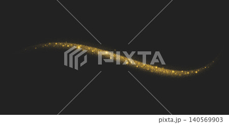 Golden glitter. Wave with dust and stars on black background. Swirl vector glowing line with sparkles effect. Magic shiny yellow confetti and sequins. Abstract textured flow Golden glitter. Wave with dust and stars on black background. Swirl vector glowing line with sparkles effect. Magic shiny yellow confetti and sequins. Abstract textured flow 140569903