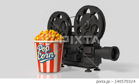 Classic Movie Night With Popcorn And Vintage Film Camera 3d render. Classic Movie Night With Popcorn And Vintage Film Camera 3d render. 140570324