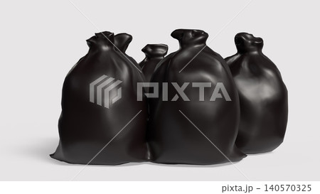 Black Garbage Bags On Minimal Clean Background 3d render. Black Garbage Bags On Minimal Clean Background 3d render. 140570325
