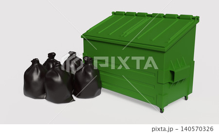 Green Waste Container With Black Garbage Bags 3d render. Green Waste Container With Black Garbage Bags 3d render. 140570326