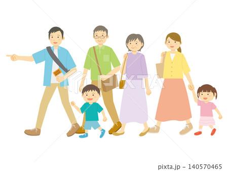 外出する6人の夏服の家族のイラストのイメージ 140570465