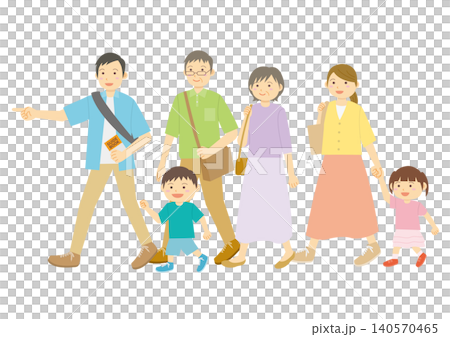 外出する6人の夏服の家族のイラストのイメージ 140570465