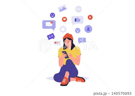 Girl Sitting and Scrolling Smartphone with FOMO Girl Sitting and Scrolling Smartphone with FOMO 140570893
