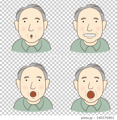 一幅老年男子在口腔功能訓練中活動嘴唇的插圖。 一幅老年男子在口腔功能訓練中活動嘴唇的插圖。 140570901