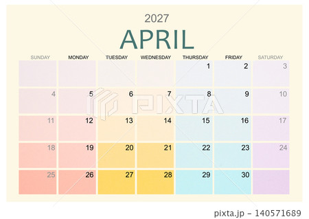 April 2027 Colorful calendar page isolated on white background. 140571689