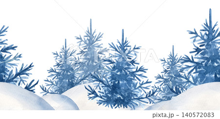 Watercolor winter forest seamless horizontal border. Hand-drawn blue pine trees in snow hills illustration isolated on white background. For Christmas greeting cards, seasonal banners, holiday ribbons Watercolor winter forest seamless horizontal border. Hand-drawn blue pine trees in snow hills illustration isolated on white background. For Christmas greeting cards, seasonal banners, holiday ribbons 140572083