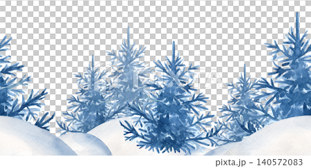 Watercolor winter forest seamless horizontal border. Hand-drawn blue pine trees in snow hills illustration isolated on white background. For Christmas greeting cards, seasonal banners, holiday ribbons Watercolor winter forest seamless horizontal border. Hand-drawn blue pine trees in snow hills illustration isolated on white background. For Christmas greeting cards, seasonal banners, holiday ribbons 140572083