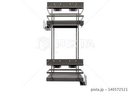 Metal rack for storage, designed for use in kitchen or garage, featuring multiple shelves and sturdy construction to hold various items securely Metal rack for storage, designed for use in kitchen or garage, featuring multiple shelves and sturdy construction to hold various items securely 140572521