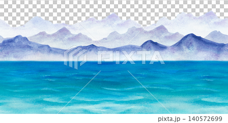 Watercolor horizontal seamless border with mountain ridges and ocean. Hand-drawn blue sea landscape illustration on isolated background Watercolor horizontal seamless border with mountain ridges and ocean. Hand-drawn blue sea landscape illustration on isolated background 140572699