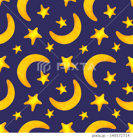 Colored pencil moon and stars seamless pattern. Hand-drawn night sky ornament on dark blue background. For kids nursery wallpaper, baby apparel, bedtime textiles, pajamas, or lullaby themed designs. 140572714