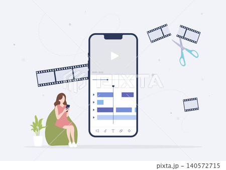 スマホのアプリで動画編集する若い女性 140572715