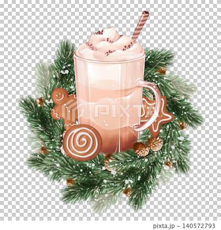 Isolated Christmas illustration of Hot Coffee Mug, surrounded by hand-drawn pine branches, gingerbread cookies, and snow Isolated Christmas illustration of Hot Coffee Mug, surrounded by hand-drawn pine branches, gingerbread cookies, and snow 140572793
