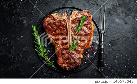 Steak with rosemary on a black background. Top view Steak with rosemary on a black background. Top view 140573043