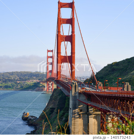 Golden Gate Bridge vertical approach view above San Francisco Bay Golden Gate Bridge vertical approach view above San Francisco Bay 140573243
