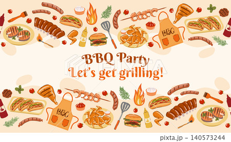 This vector BBQ party invitation banner with text and grilling food elements. Barbecue infinity frame, poster. 140573244
