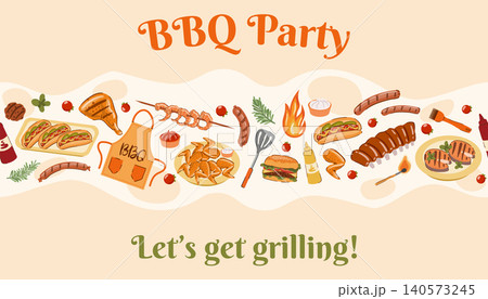 This vector BBQ party banner with Let's get grilling text and food border. 140573245
