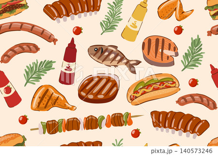 Seamless vector pattern with hand drawn BBQ food illustrations. Barbecue wrapping paper. 140573246