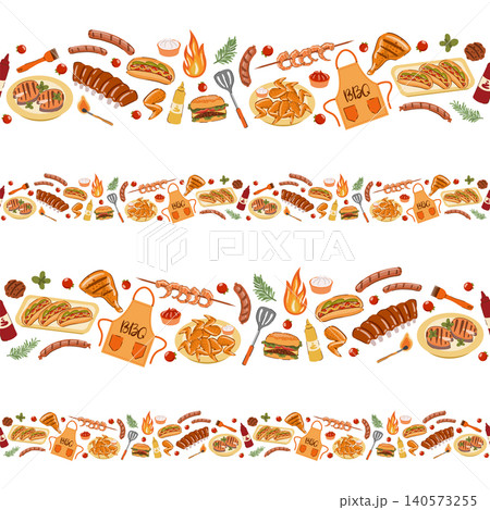 This seamless borders set features a hand-drawn illustration of BBQ food and grilling elements over a white background. This seamless borders set features a hand-drawn illustration of BBQ food and grilling elements over a white background. 140573255