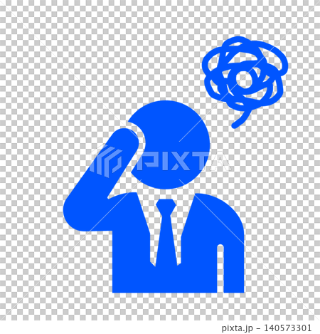 A pictogram (blue) of a businessman struggling with worries and stress. A pictogram (blue) of a businessman struggling with worries and stress. 140573301