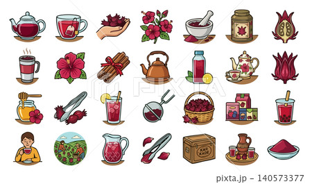 Hibiscus tea and roselle herbal drink detailed icons set Hibiscus tea and roselle herbal drink detailed icons set 140573377