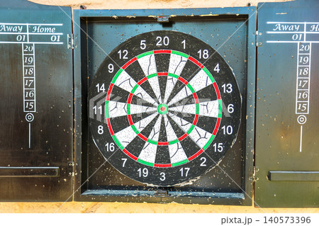 A close-up of a dartboard in a Darts game 140573396