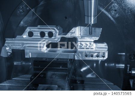 High-precision 5-axis CNC milling machine cutting aerospace parts with a flat nose end mill tool. High-precision 5-axis CNC milling machine cutting aerospace parts with a flat nose end mill tool. 140573565