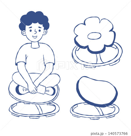 Sensory Balance Board Set with Sitting Boy. Kids Occupational Therapy Vestibular Trainer Line Hand Drawn. Child on Wobble Disc Stability Rocker for Autism ADHD Coordination. Vector Illustration. Sensory Balance Board Set with Sitting Boy. Kids Occupational Therapy Vestibular Trainer Line Hand Drawn. Child on Wobble Disc Stability Rocker for Autism ADHD Coordination. Vector Illustration. 140573766