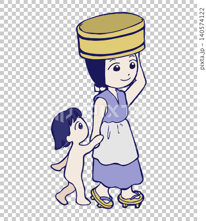 平安時代的一位家長和孩子頭頂著洗臉盆行走。 平安時代的一位家長和孩子頭頂著洗臉盆行走。 140574122
