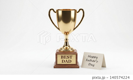 Gold best dad trophy cup and handwritten card with achievement celebration handwritten champion recognition appreciation accomplishment background minimalist engraving greeting affection 140574224