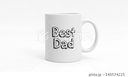 White ceramic coffee mug with best dad print beverage kitchenware household breakfast drinkware isolated container minimalist typography birthday celebration appreciation caffeine 140574225
