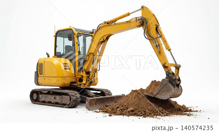 Yellow construction excavator digging earth on white background with excavator construction machinery industrial equipment building engineer mechanical hydraulic development isolated Yellow construction excavator digging earth on white background with excavator construction machinery industrial equipment building engineer mechanical hydraulic development isolated 140574235