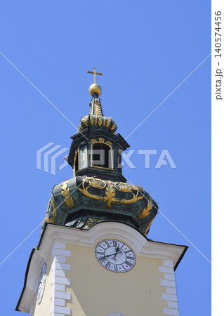 Top of the baroque bell tower of Saint Marys Church in Zagreb Top of the baroque bell tower of Saint Marys Church in Zagreb 140574456