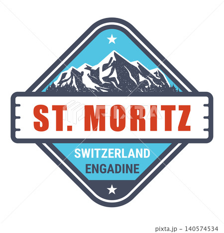 St. Moritz Alpine resort, Switzerland, Swiss Alps emblem with snow-covered mountains, vector St. Moritz Alpine resort, Switzerland, Swiss Alps emblem with snow-covered mountains, vector 140574534