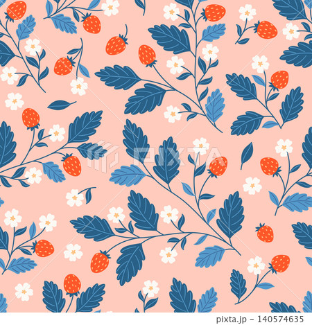 Strawberry floral seamless pattern with blue leaves and white flowers on warm coral background. 140574635