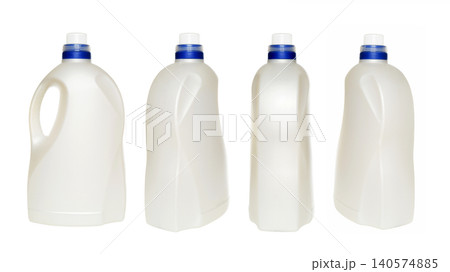 four angles of a white plastic canister for household chemicals four angles of a white plastic canister for household chemicals 140574885