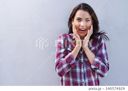 Portrait, surprise and woman with news, reaction and announcement on grey background. Face, person and model with emoji of shocked with gossip and omg with wow and excited with expression and wtf Portrait, surprise and woman with news, reaction and announcement on grey background. Face, person and model with emoji of shocked with gossip and omg with wow and excited with expression and wtf 140574929