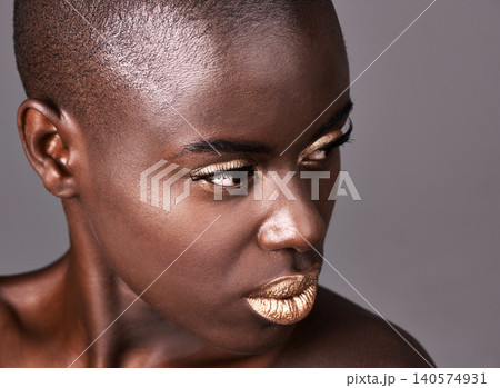 Thinking, makeup and black woman with lipstick, cosmetics and dermatology on a grey studio background. African person, girl and model with beauty or creative with grooming and artistic with treatment Thinking, makeup and black woman with lipstick, cosmetics and dermatology on a grey studio background. African person, girl and model with beauty or creative with grooming and artistic with treatment 140574931