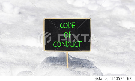 Code of conduct words symbol. Concept words Code of conduct on beautiful black blackboard. Beautiful white snow background. Business Code of conduct concept. Copy space. Code of conduct words symbol. Concept words Code of conduct on beautiful black blackboard. Beautiful white snow background. Business Code of conduct concept. Copy space. 140575167