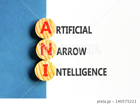 ANI artificial narrow intelligence symbol. Concept words ANI artificial narrow intelligence on beautiful wooden circles. Beautiful white blue background. Business ANI narrow concept. Copy space. 140575221